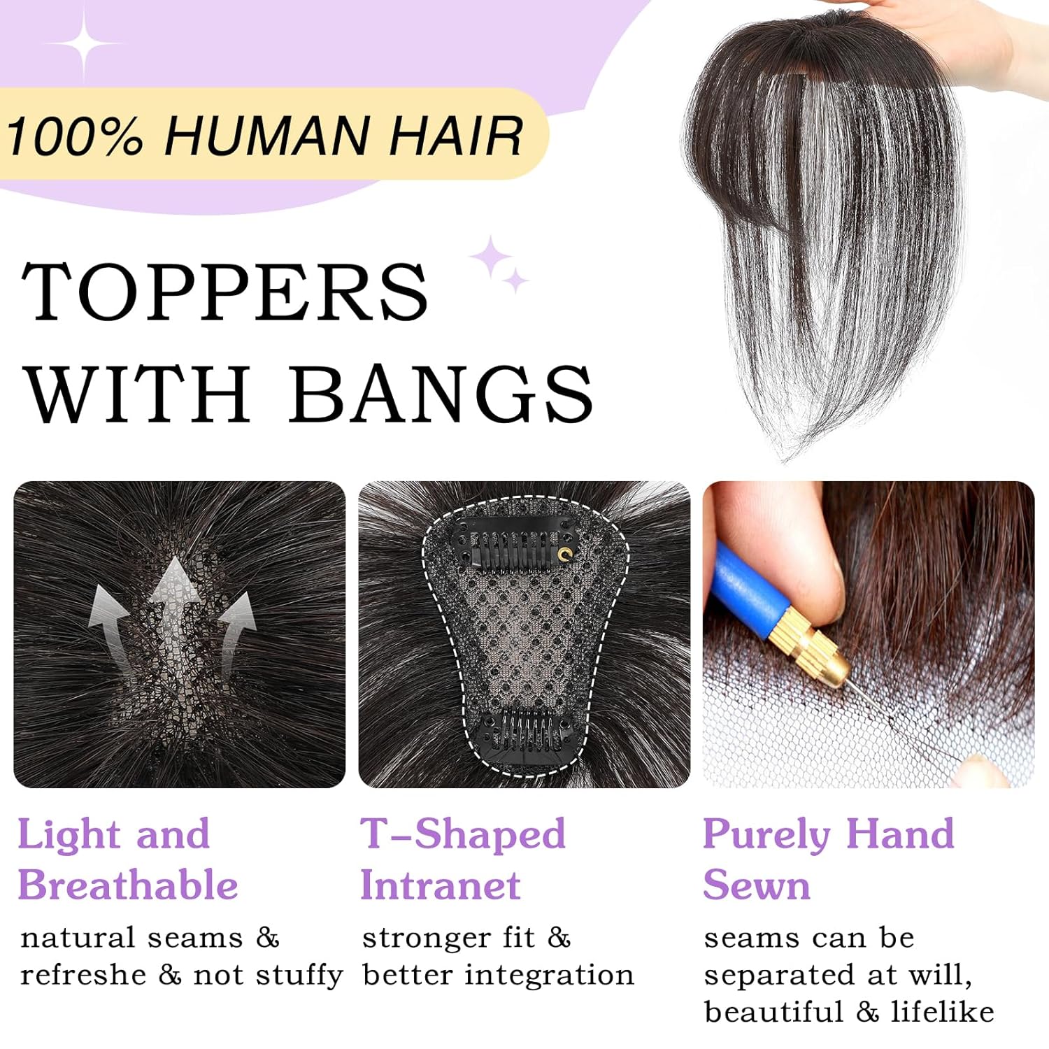 Clip in Bangs 100% Human Hair Toppers 360°3D Hair Pieces Clip On Air Bangs Extensions