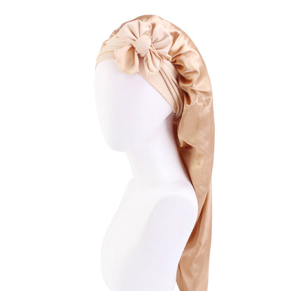 Wide-brimmed elastic ribbon women's headscarf hat perm hair care hat cross-border hot sale satin long nightcap