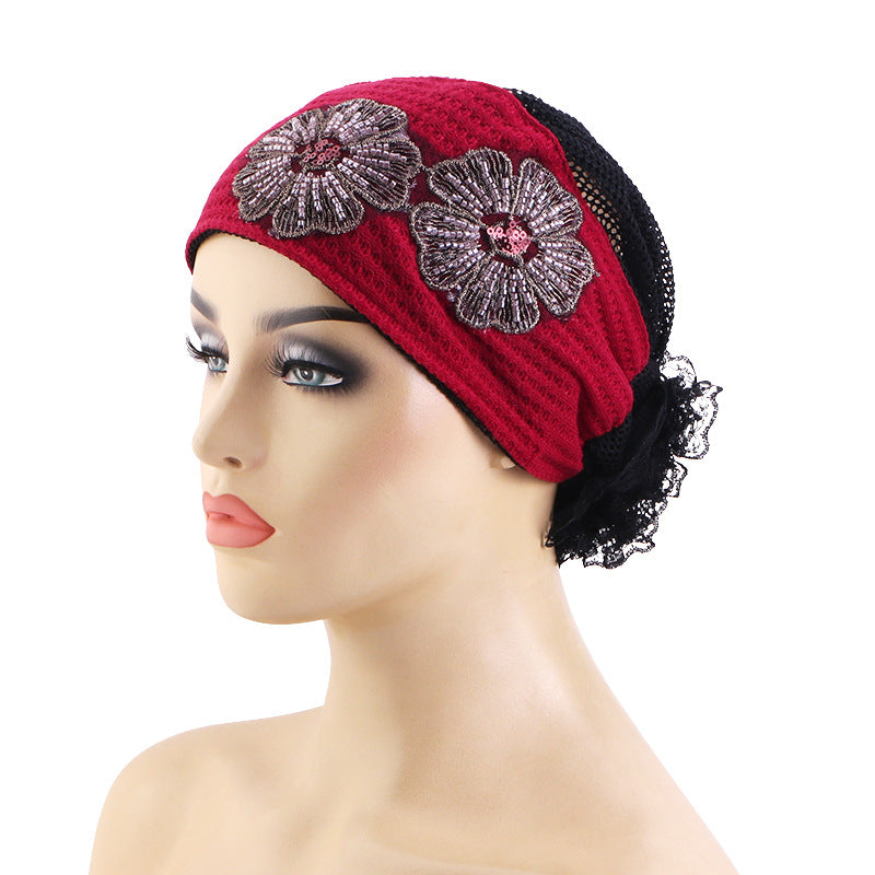 New Cross-Border Floral Hat with Beaded Flower Accessories, Headscarf Hat, Hair Protection Headscarf Hat Jdt-518