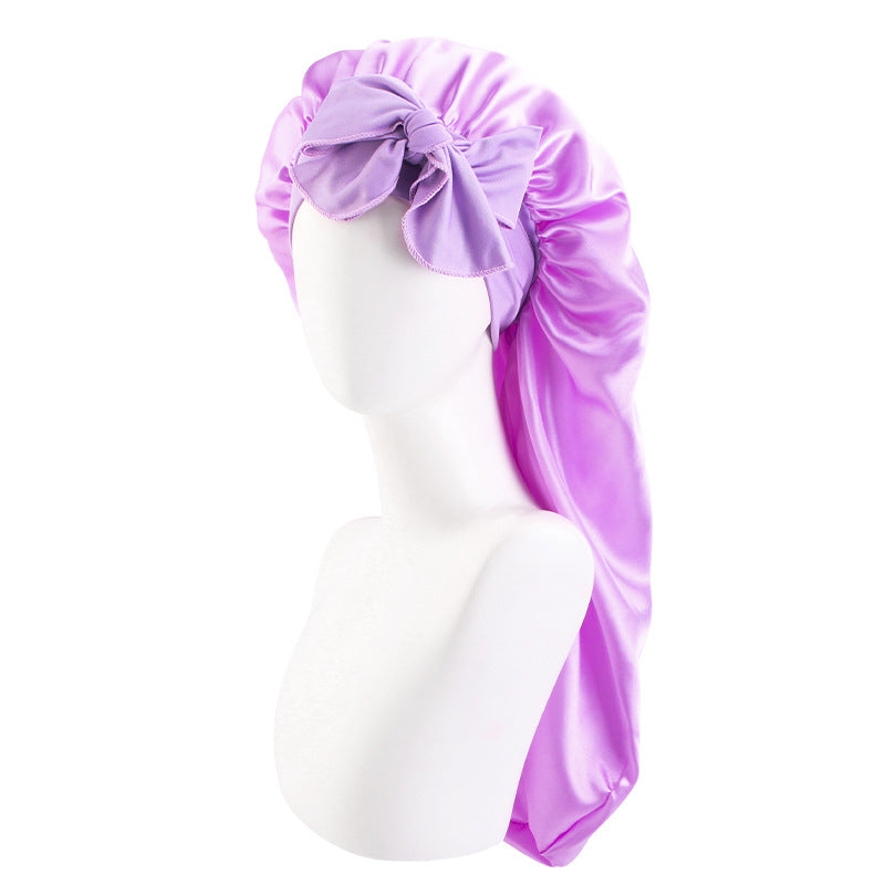 Wide-brimmed elastic ribbon women's headscarf hat perm hair care hat cross-border hot sale satin long nightcap