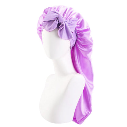 Wide-brimmed elastic ribbon women's headscarf hat perm hair care hat cross-border hot sale satin long nightcap
