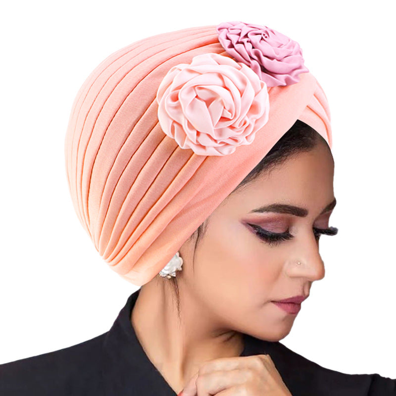 New Double Color Plate Flower Head Towel Hat Retro Fashion Hat Imitation Silk Indian Hat TJM-24Q