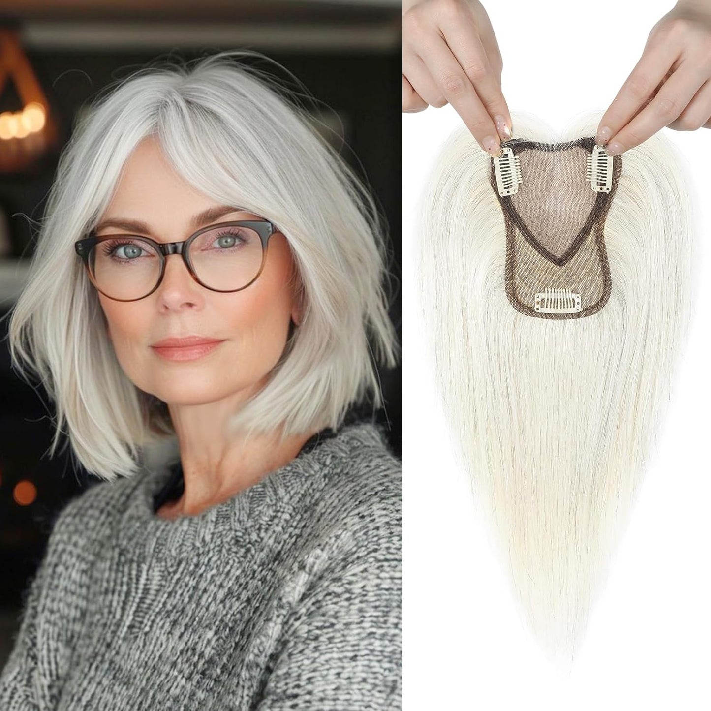 Real Human Hair Topper 10 inch Women Hair Toppers for Thinning Hair Light Grey Wigs