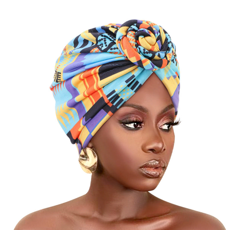 Amazon European and American ethnic style plate Flower headscarf cap elastic printing Indian cap chemotherapy cap TJM-342B