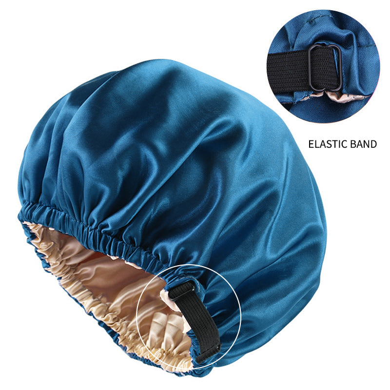Cross-border supply of colored nightcap invisible flat adjustable buckle silk double shower cap beauty hair care hat