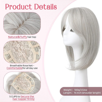 Short Layered Hair Topper with Bangs for Women with Thinning Hair 14 Inch 100% Human Hair Wigs Piece