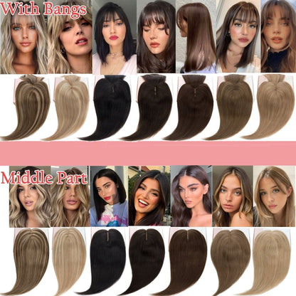 Human Hair Toppers For Women 100% Remy Topper With/Without Bangs 13*15CM Silk Base Clip In Topper 14inch - Blonde