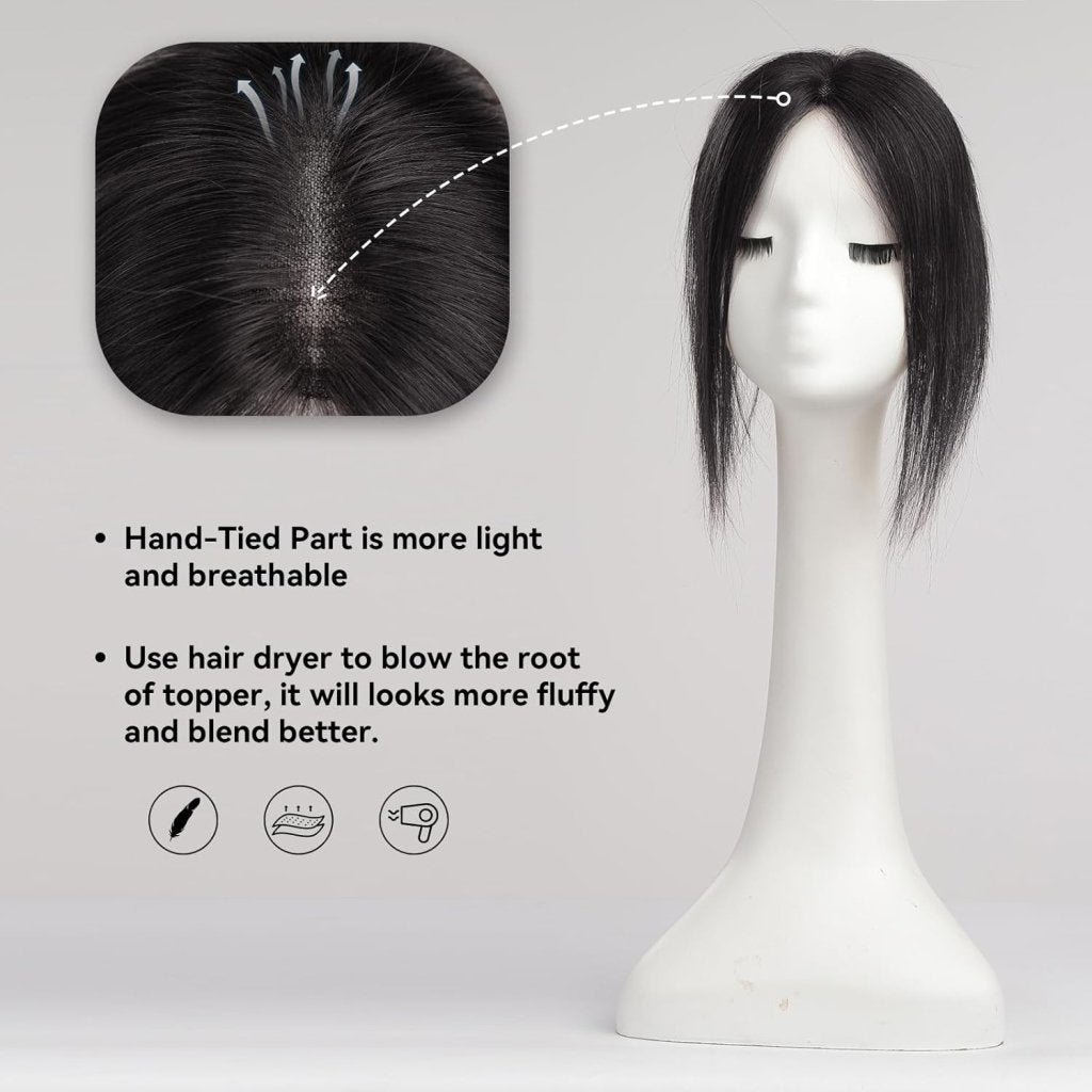 Remy Human Hair Toppers for Women Hand-Tied Hair Toppers with Swiss Lace Base 12in