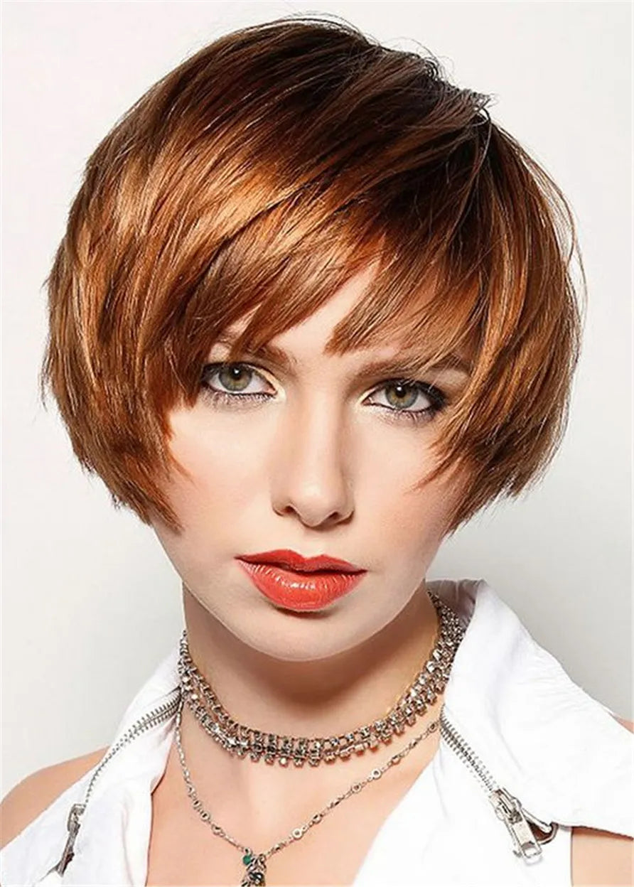 Short Layered Cut Human Hair Straight Capless Women Wig 10 Inches