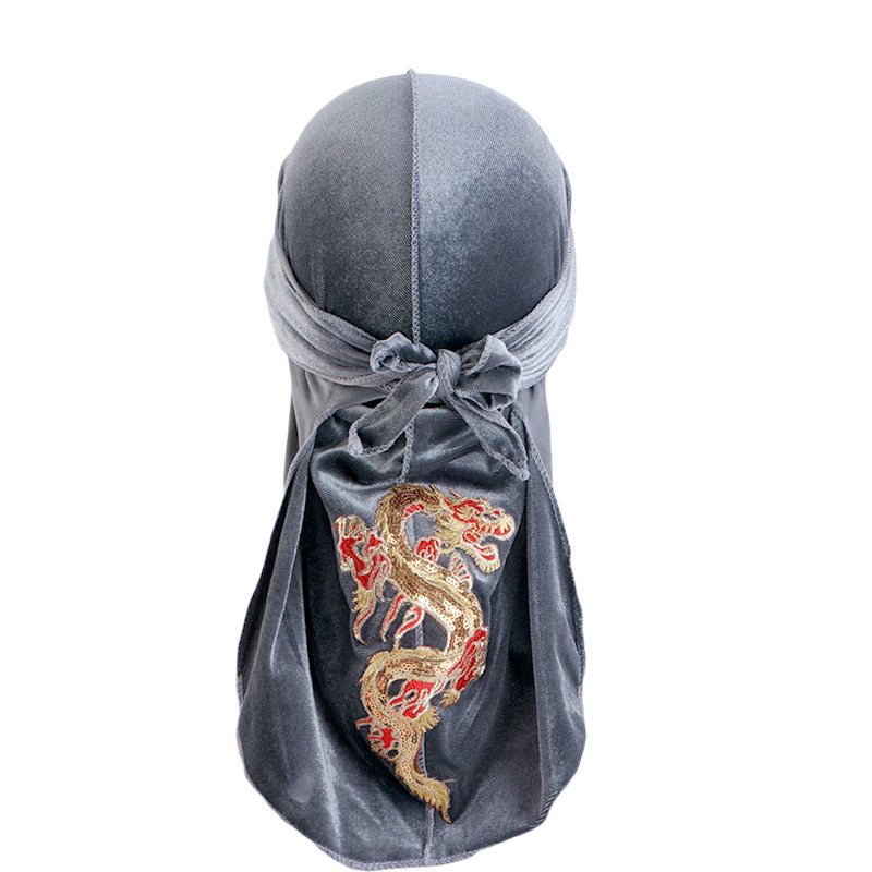 Autumn and Winter thickened gold velvet long tail pirate hat Chinese dragon hot stamping strap hip hop cloak DURAG