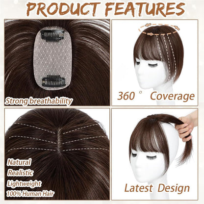 Hair Toppers for Women Real Human Hair, Bangs Hair Clip 360° 3D Cover Human Hair Topper with Bangs