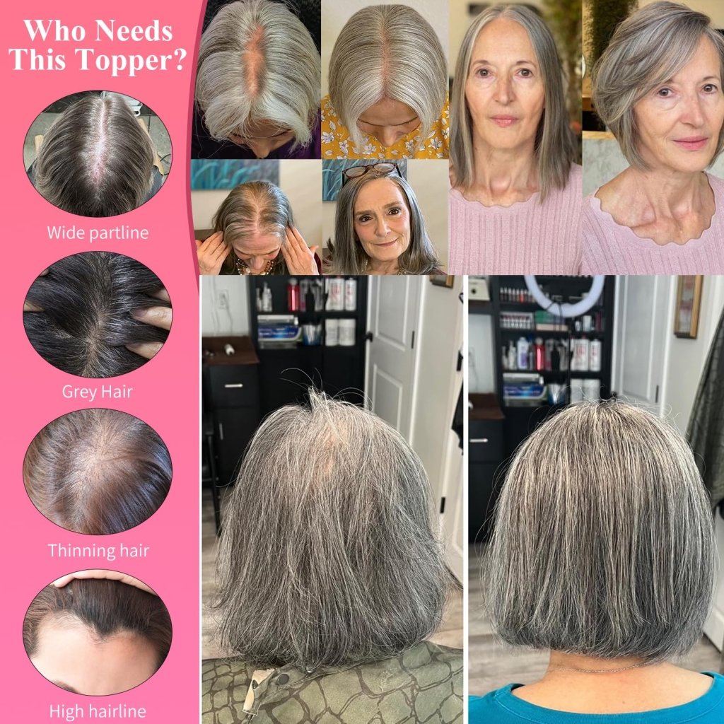 Hair Toppers for Women Gray Hair Toppers for Women 100% Remy Human Hair Grey Hair Toppers for Women with Thinning Hair Clip in Hair Toppers Short Hair Pieces for Women Real Hair Toppers Grey