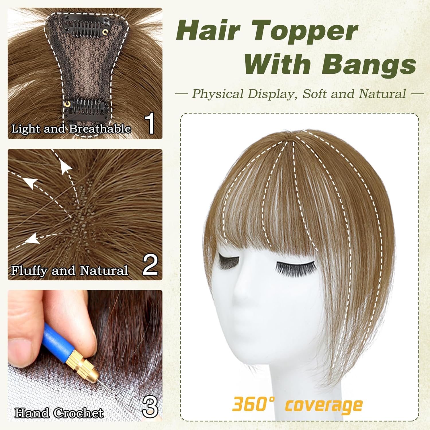 Clip in Bangs 100% Human Hair Toppers 360°3D Hair Pieces Clip On Air Bangs Extensions