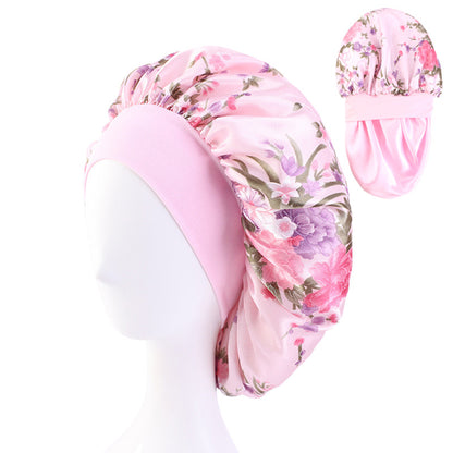 Cross-Border New Double-Layer Satin Printed Elastic Wide-Brimmed Nightcap Satin Round Hat Beauty Salon Hat