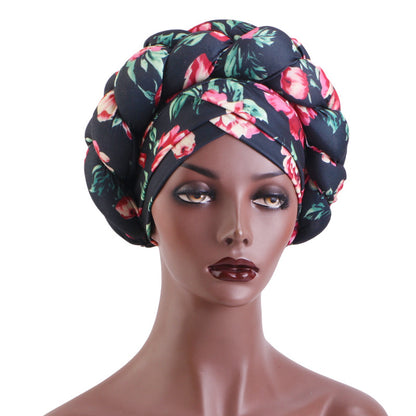 African Hot Sale Printed Stereo Sponge Twist Braid Tape Hat Black Turban Hair Care Hat JDT-488B