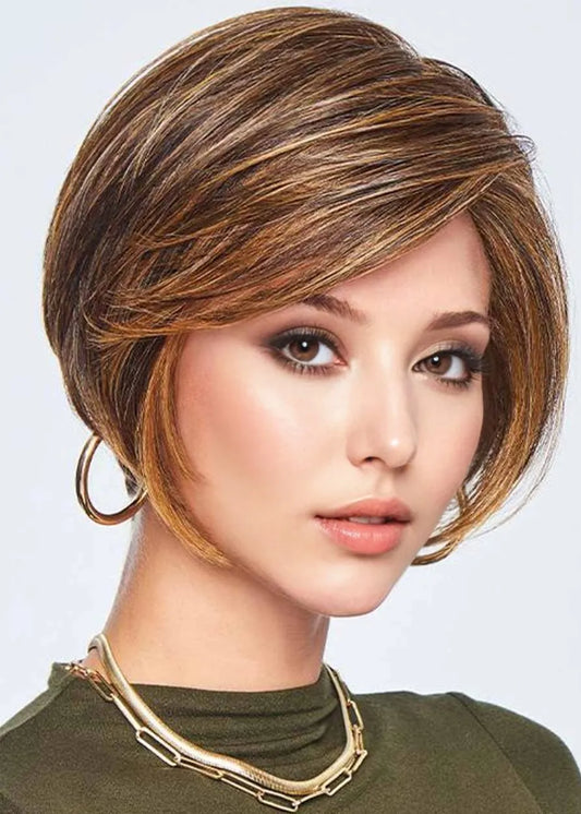 Women's Classic Fresh Tapered Bob Style Straight Synthetic Hair Capless Wigs With Bangs 10Inch
