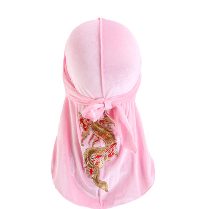 Autumn and Winter thickened gold velvet long tail pirate hat Chinese dragon hot stamping strap hip hop cloak DURAG