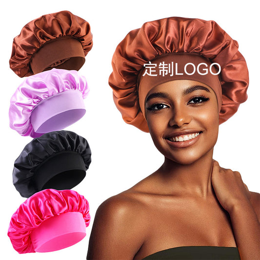 LOGO printing satin nightcap wide brimmed hair band round hat turban hat beauty salon home hat TJM-301