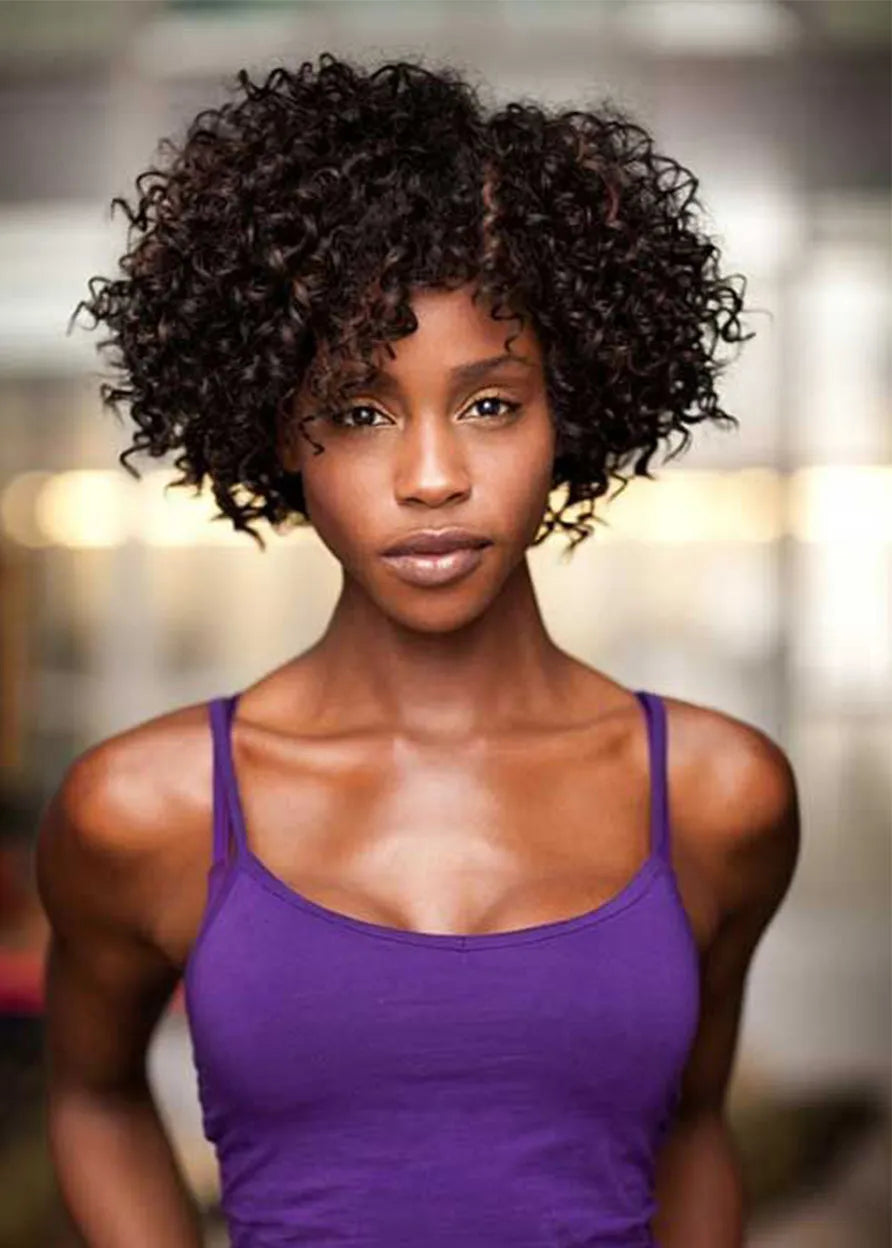 Afro Kinky Curly Women's Side Part Natural Looking Synthetic Hair Capless Wigs 12Inch