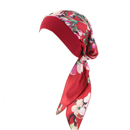 Pastoral Style Elastic Wide-Brimmed Imitation Silk Turban Hat, Long Tail Braid Hat, Chemotherapy Hat, Cross-Border Supply