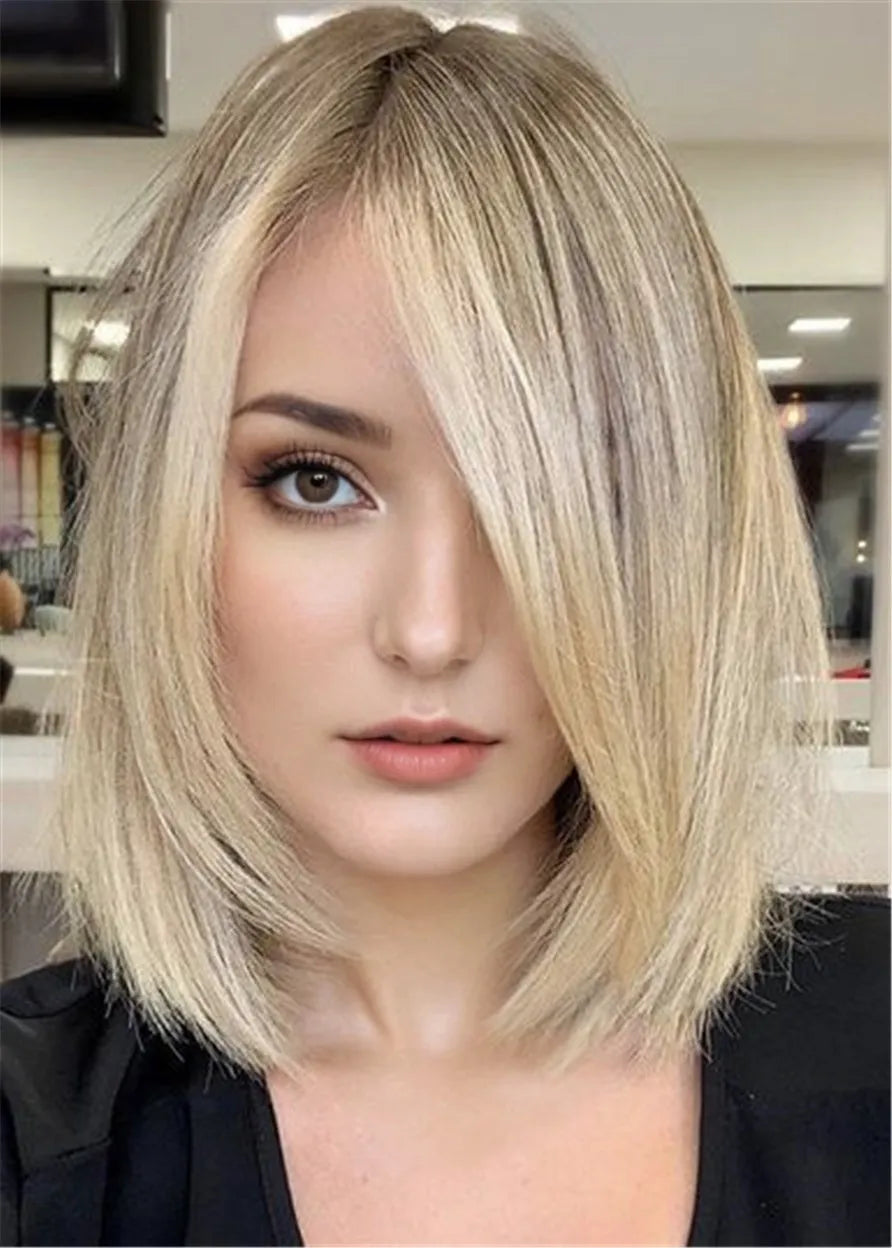 Long Bob Side Part Human Hair Natural Straight Wig 16 Inches