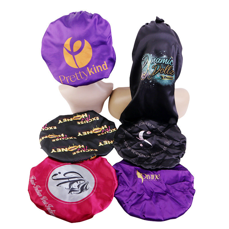 Foreign trade printing LOGO beauty salon advertising cap adjustable buckle double nightcap satin shower cap