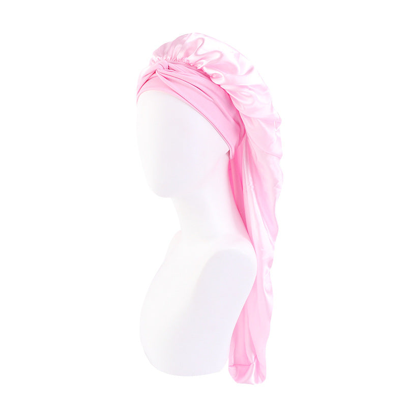 Wide-brimmed elastic ribbon women's headscarf hat perm hair care hat cross-border hot sale satin long nightcap