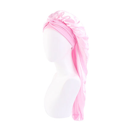 Wide-brimmed elastic ribbon women's headscarf hat perm hair care hat cross-border hot sale satin long nightcap