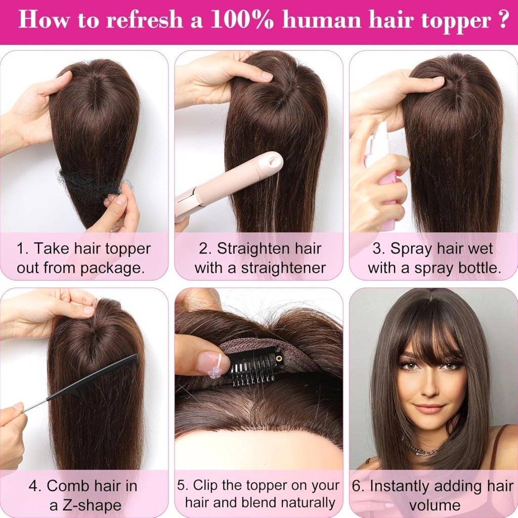 Hair Toppers Real Human Hair 10 inch with Bangs for Women Thinning Hair Dark Grey