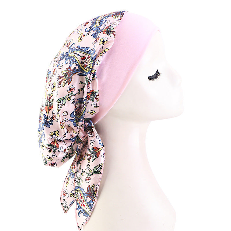 European and American popular long tail ribbon headscarf hat elastic wide-brimmed satin toe cap pirate hat JDT-329E