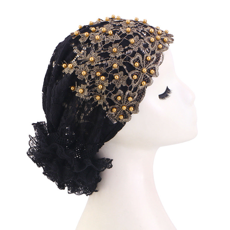 Cross-Border Pearl Diamond Breathable Lace Hat, Floral Ethnic Hat, Hair Care Turban Hat Jdt-501