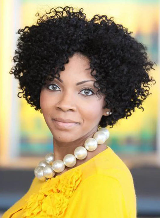 Center Part Kinky Curly Natural Black Synthetic Hair Medium African American Wigs For Black Women Lace Front 12 Inches