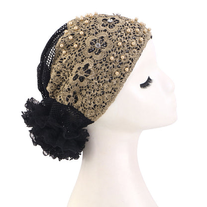 Cross-Border New Breathable Lace Pearl Hat, Floral Turban Hat, Head Wrap Hat, Hair Care Hat Jdt-502