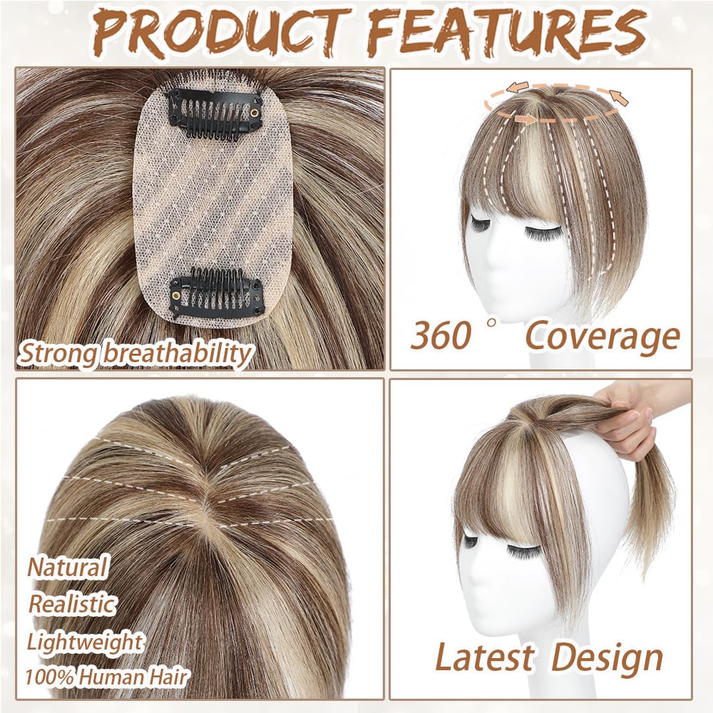 Hair Toppers for Women Real Human Hair, Bangs Hair Clip 360° 3D Cover Human Hair Topper with Bangs