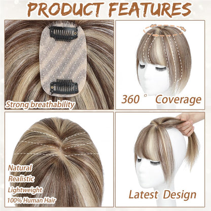 Hair Toppers for Women Real Human Hair, Bangs Hair Clip 360° 3D Cover Human Hair Topper with Bangs