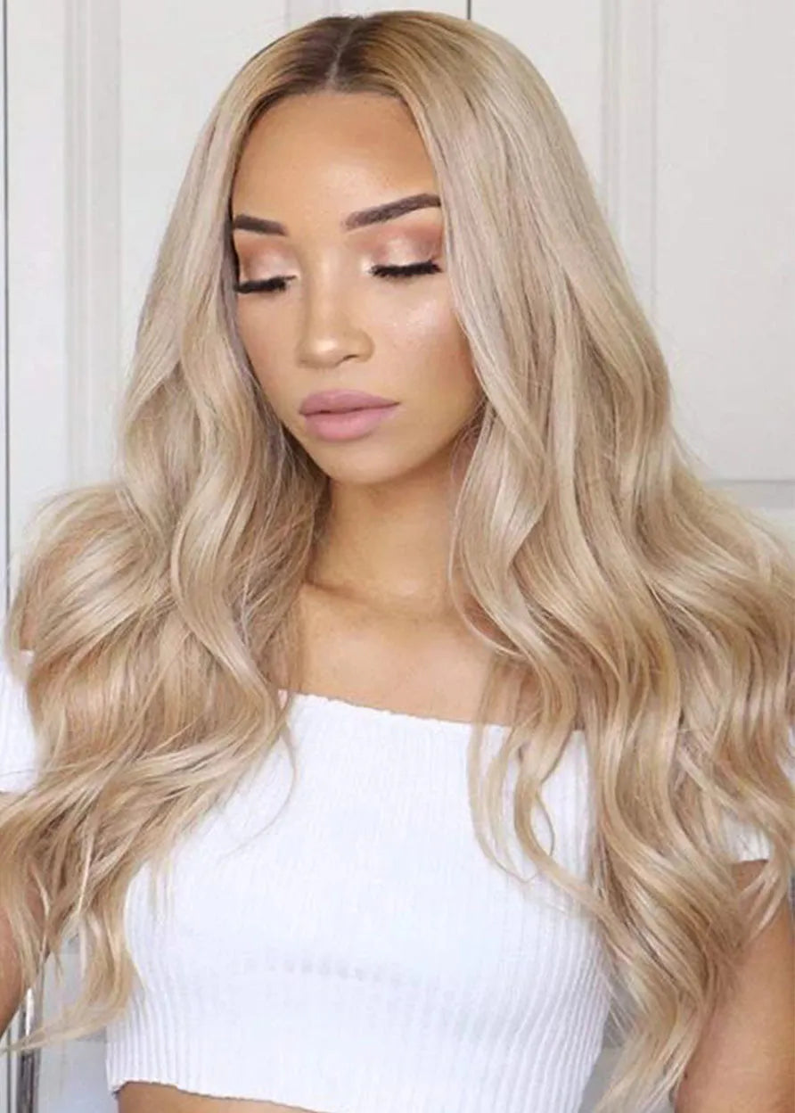 Middle Part Long Wavy Blonde Hair Wigs For Women Body Wave Human Hair Lace Front Wigs 24Inch