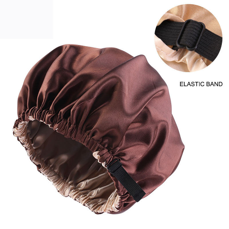 Cross-border supply of colored nightcap invisible flat adjustable buckle silk double shower cap beauty hair care hat