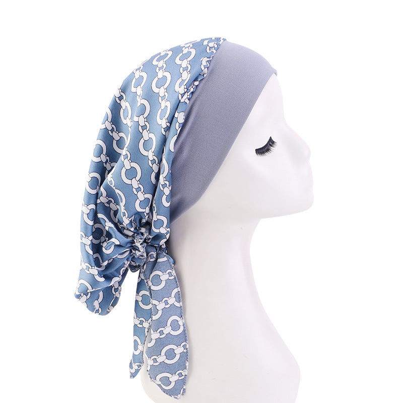 Pastoral Style Elastic Wide-Brimmed Imitation Silk Turban Hat, Long Tail Braid Hat, Chemotherapy Hat, Cross-Border Supply