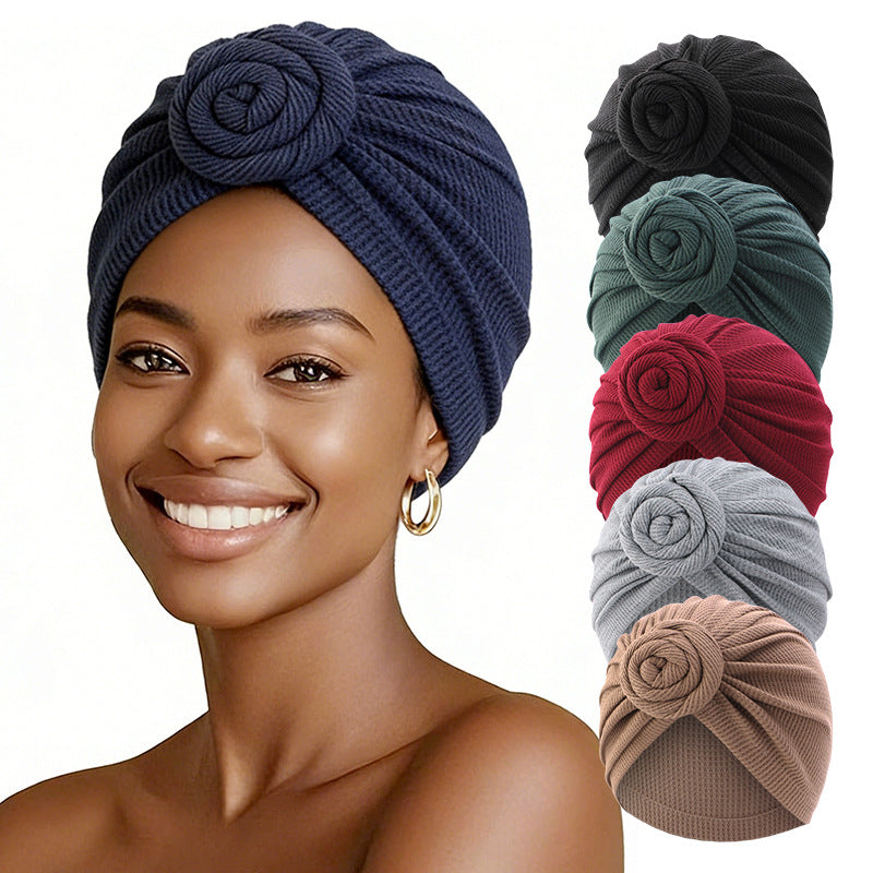 New Waffle Cotton Floral Turban Hat, Donut Knot Pullover Hat, Cross-Border Supply Jdt-282K