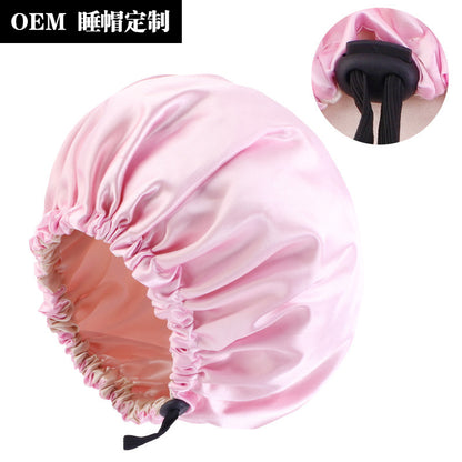 Factory direct satin nightcap double adjustable large round cap soft satin ladies hair care cap