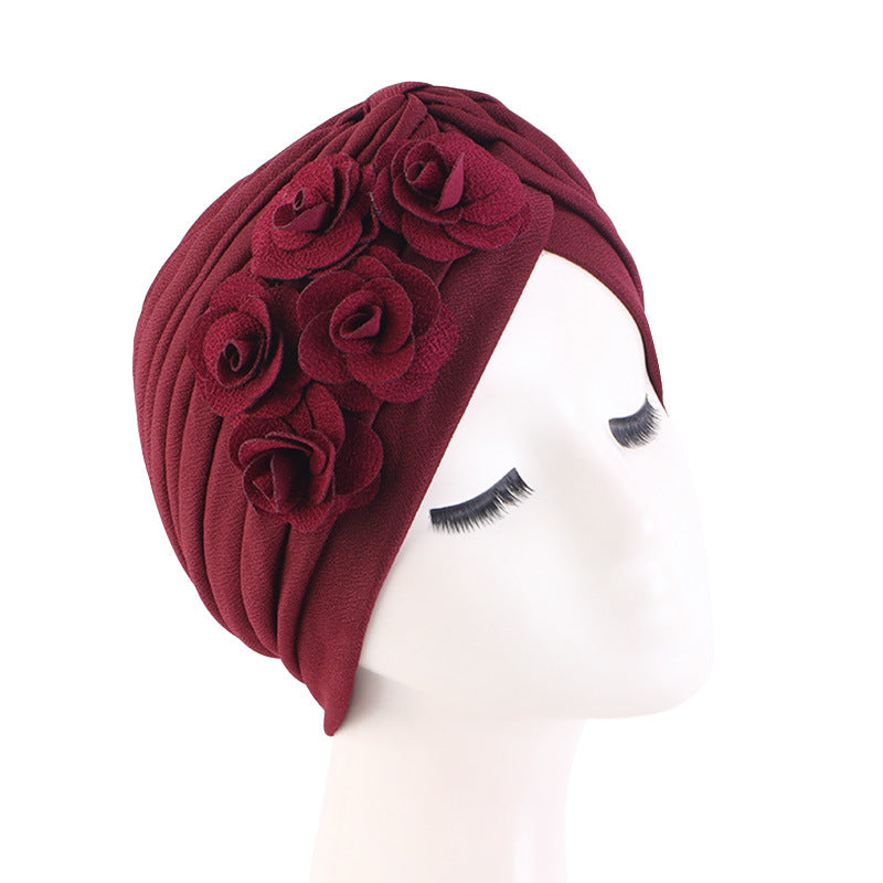Rose accessories pleated headscarf cap thickened Indian hat ethnic style pullover cap JDT-16D