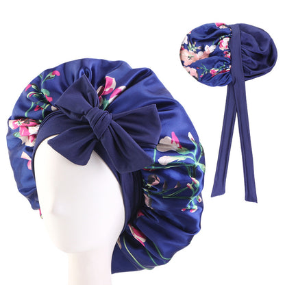 Amazon Source Double-Layer Printed Satin Sleep Cap with Wide Elastic Ribbon, Turban Hat, Tie-On Shower Cap