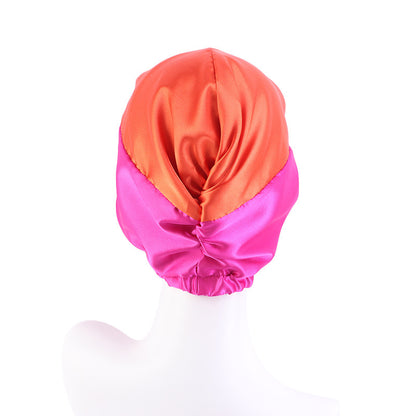 Cross-Border Hat Double-Layer Imitation Silk Nightcap Contrasting Color Knotted Turban Hat Washing and Chemical Clothing Factory Direct Sale