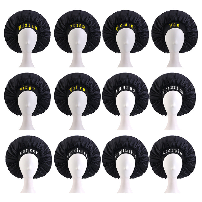 12 Constellation Solid Color English LOGO Elastic Wide-brimmed Sardin Nightcap Women's Beauty Hat Hair Care Hat Cross-border Hat