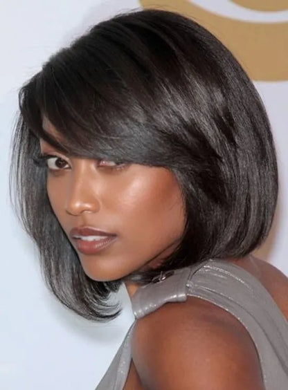 Taraji Henson Kurze, glatte Bob-Frisur, Echthaar, kappenlose Perücke, 10 Zoll