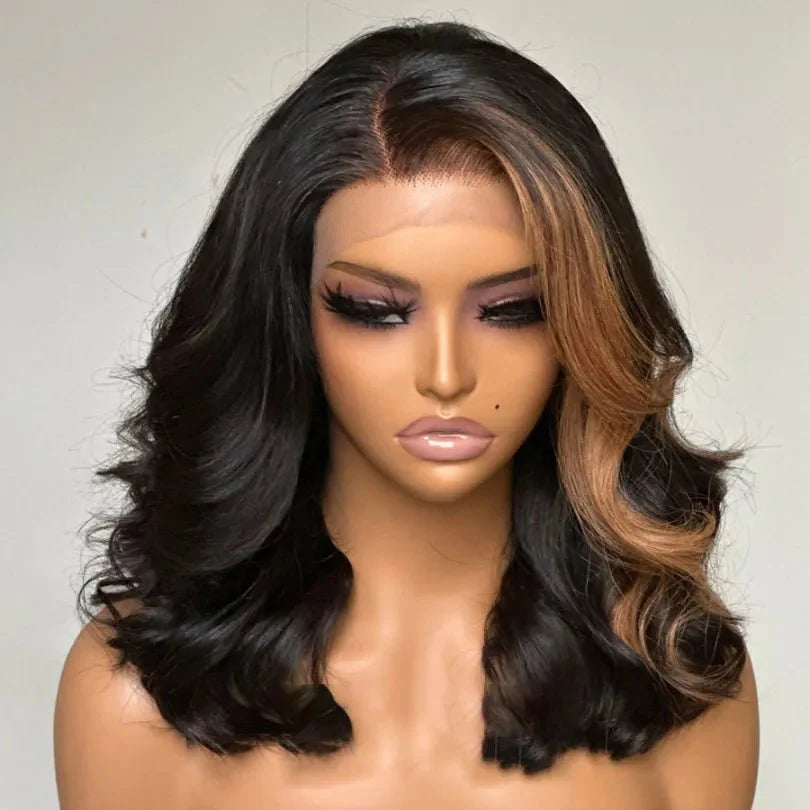 Blonde Highlights gewellte Perücken 100 % Echthaar