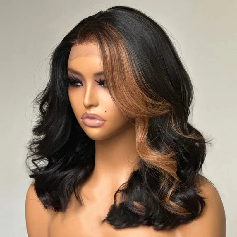 Blonde Highlights gewellte Perücken 100 % Echthaar