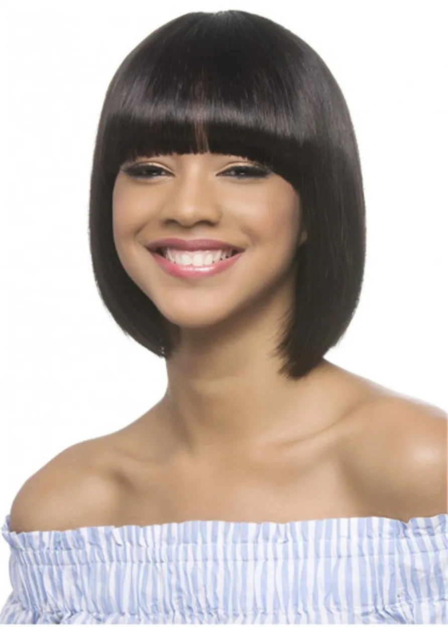 Medium Bob Human Hair Natural Straight Wig With Neat Bangs 10 Inches