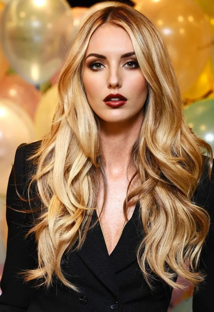 Attractive Smiling Long Loose Wavy Highlight 100% Human Hair Full Lace Wig 24 Inches