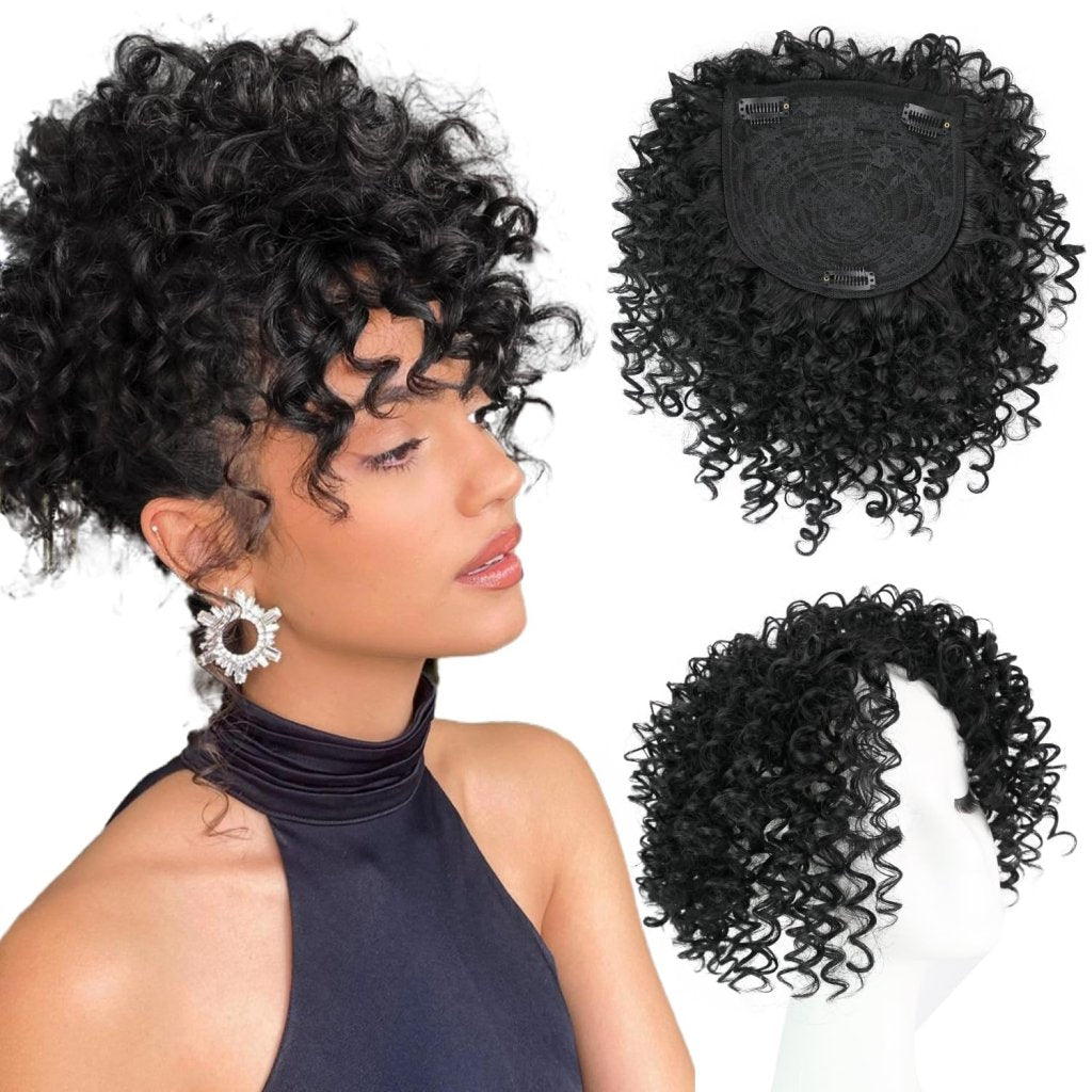 Natural Afro Kinky Curly Short Hair Toppers with Bangs Black Clip in human hair Wiglets Hair Pieces